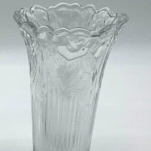 Borgonova Italy Vintage 6in Pressed Glass Signed Vase Roses Leaves Ribbed MCM